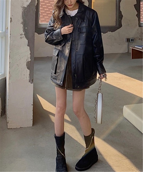 MAISON DE THERESE（メゾン ド テレーズ）の「オーバーサイズ　フェイクレザージャケット ライダースジャケット 男女兼用（ライダースジャケット・レディース・ブラック・M/L/XL/S）」の21枚目の写真