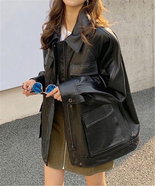 MAISON DE THERESE（メゾン ド テレーズ）の「オーバーサイズ　フェイクレザージャケット ライダースジャケット 男女兼用（ライダースジャケット・レディース・ブラック・M/L/XL/S）」の7枚目の写真