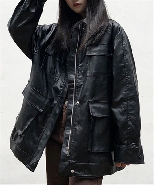 MAISON DE THERESE（メゾン ド テレーズ）の「オーバーサイズ　フェイクレザージャケット ライダースジャケット 男女兼用（ライダースジャケット・レディース・ブラック・M/L/XL/S）」の9枚目の写真