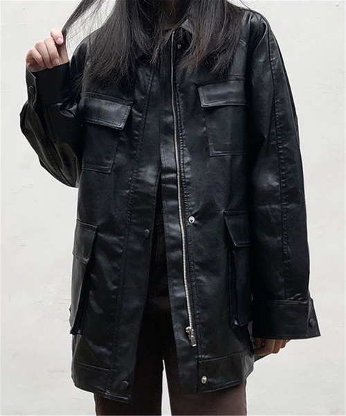 MAISON DE THERESE（メゾン ド テレーズ）の「オーバーサイズ　フェイクレザージャケット ライダースジャケット 男女兼用（ライダースジャケット・レディース・ブラック・M/L/XL/S）」の10枚目の写真