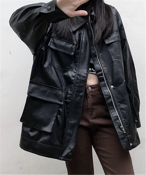 MAISON DE THERESE（メゾン ド テレーズ）の「オーバーサイズ　フェイクレザージャケット ライダースジャケット 男女兼用（ライダースジャケット・レディース・ブラック・M/L/XL/S）」の15枚目の写真