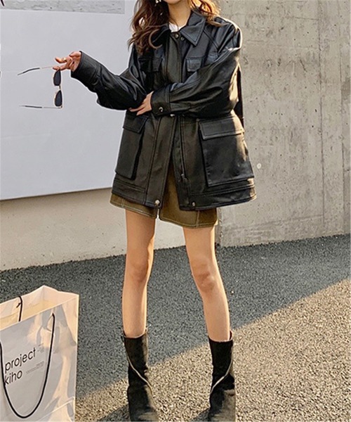 MAISON DE THERESE（メゾン ド テレーズ）の「オーバーサイズ　フェイクレザージャケット ライダースジャケット 男女兼用（ライダースジャケット・レディース・ブラック・M/L/XL/S）」の17枚目の写真