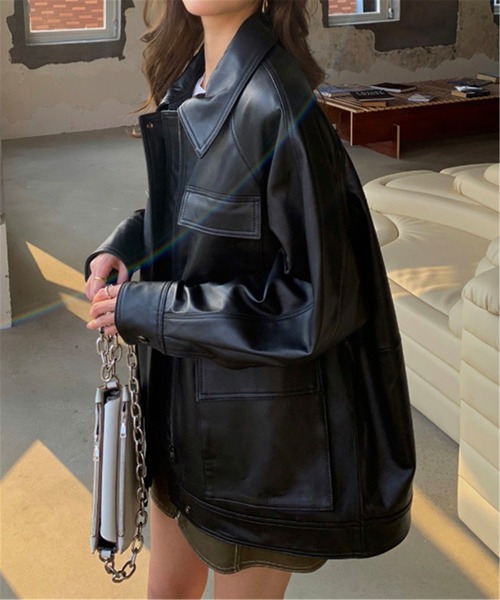 MAISON DE THERESE（メゾン ド テレーズ）の「オーバーサイズ　フェイクレザージャケット ライダースジャケット 男女兼用（ライダースジャケット・レディース・ブラック・M/L/XL/S）」の6枚目の写真