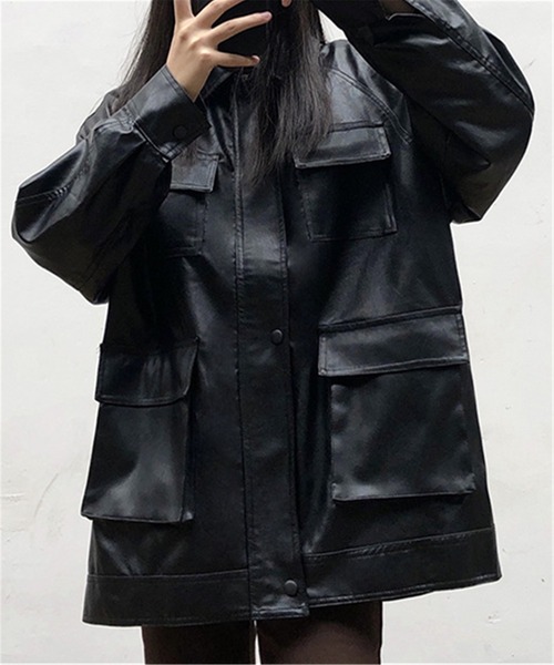 MAISON DE THERESE（メゾン ド テレーズ）の「オーバーサイズ　フェイクレザージャケット ライダースジャケット 男女兼用（ライダースジャケット・レディース・ブラック・M/L/XL/S）」の20枚目の写真