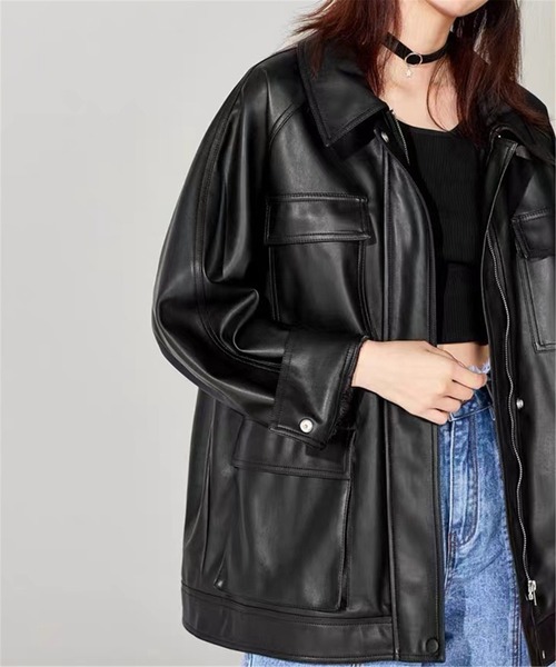 MAISON DE THERESE（メゾン ド テレーズ）の「オーバーサイズ　フェイクレザージャケット ライダースジャケット 男女兼用（ライダースジャケット・レディース・ブラック・M/L/XL/S）」の5枚目の写真