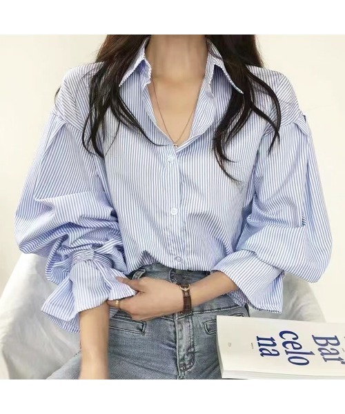 ストライプ柄ボリュームスリーブブラウス