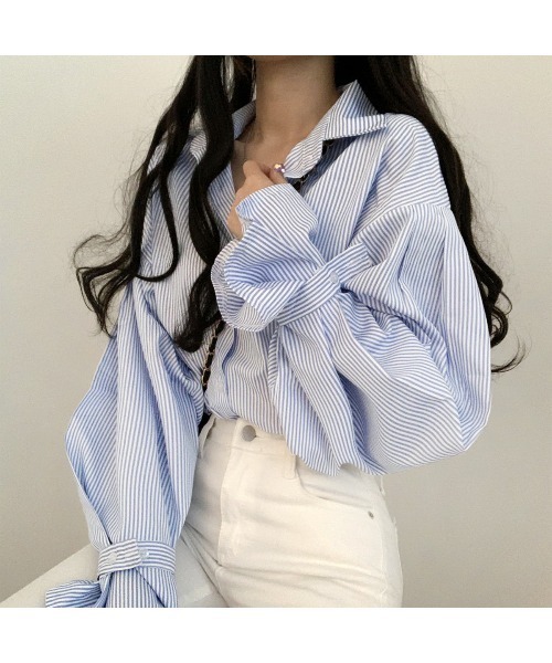 ストライプ柄ボリュームスリーブブラウス