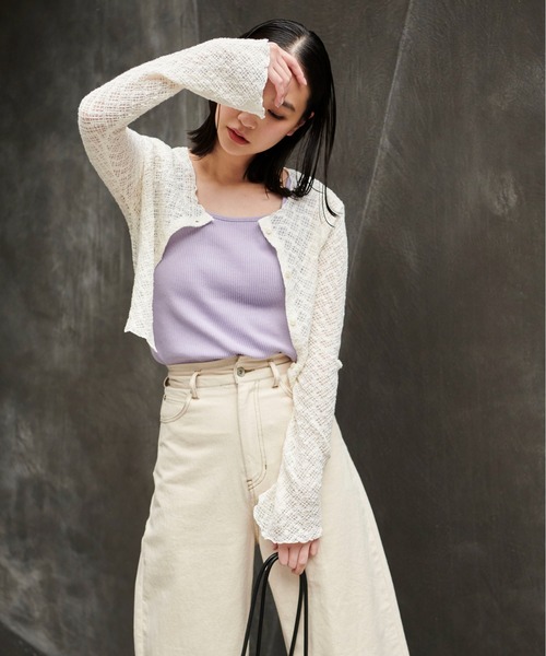 FREE'S MART（フリーズマート）の「◆レースシャーリングフィットカーディガン（カーディガン/ボレロ・レディース・ブラック/ホワイト/グリーン・FREE）」の7枚目の写真