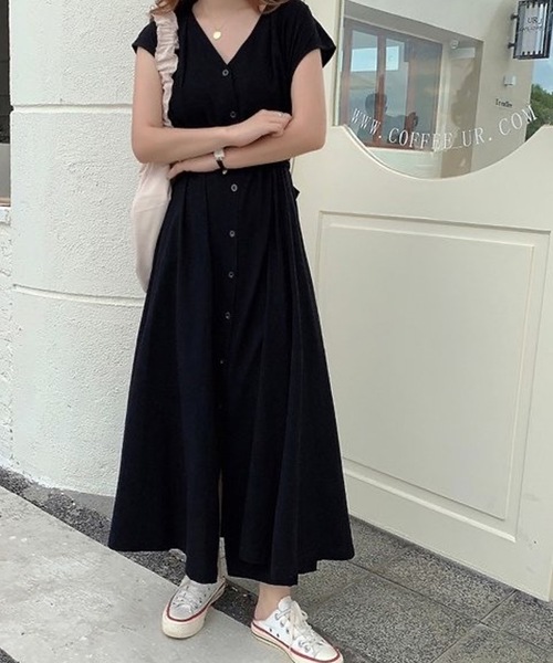 LUGG NAGG(ラグナグ)の「フレンチスリーブVネックマキシワンピース(ワンピース・レディース・グリーン/ブルー/ブラック/ベージュ・L/M/XL/S)」の3枚目の写真