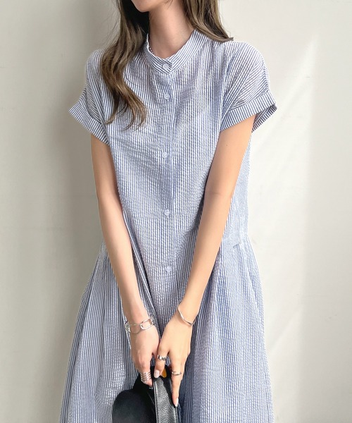 ウエストプリーツストライプワンピース