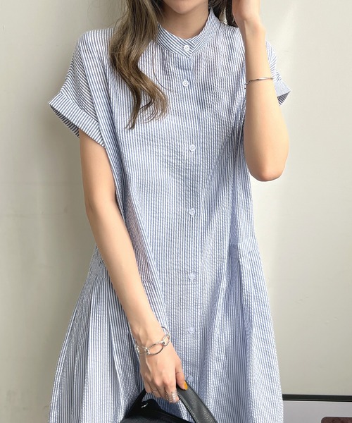 ウエストプリーツストライプワンピース