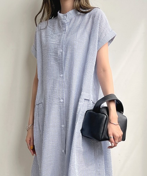 ウエストプリーツストライプワンピース