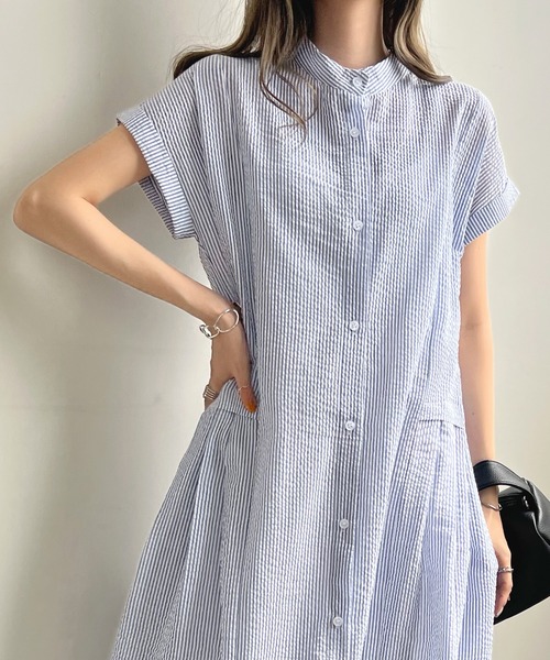 ウエストプリーツストライプワンピース