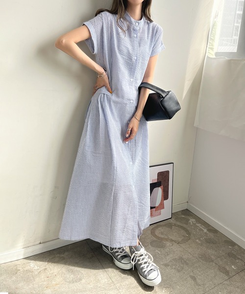 ウエストプリーツストライプワンピース