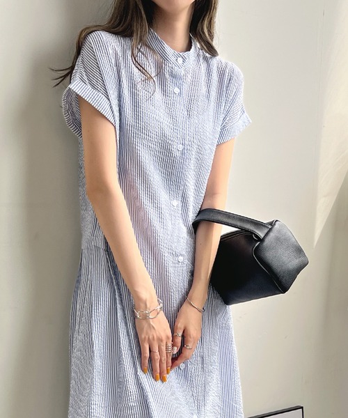 ウエストプリーツストライプワンピース