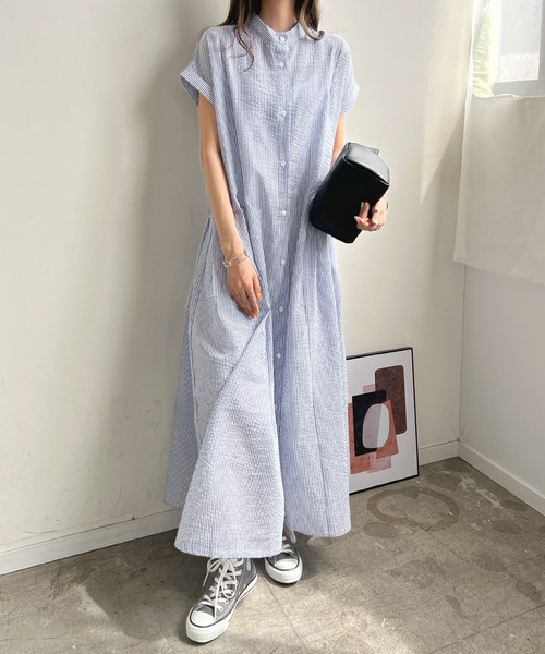 ウエストプリーツストライプワンピース