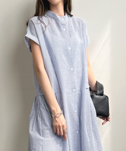 ウエストプリーツストライプワンピース