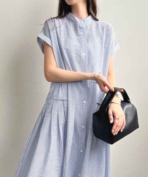 ウエストプリーツストライプワンピース