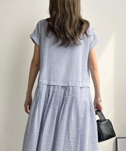 ウエストプリーツストライプワンピース