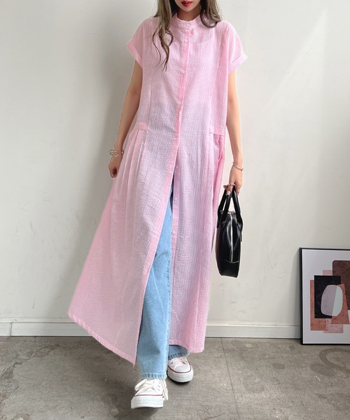 ウエストプリーツストライプワンピース