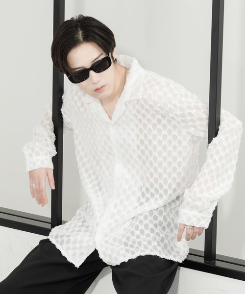 Adoon plain(アドーンプレーン)の「【Adoon plain】レースシアーシャツ(シャツ/ブラウス・メンズ・ブラック/オフホワイト・MEDIUM/LARGE)」の1枚目の写真
