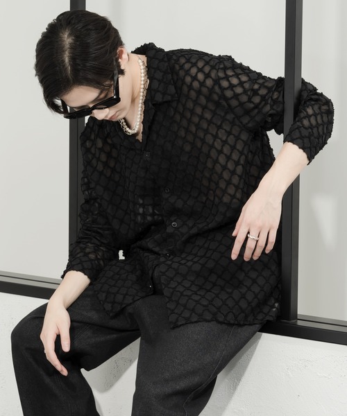 Adoon plain(アドーンプレーン)の「【Adoon plain】レースシアーシャツ(シャツ/ブラウス・メンズ・ブラック/オフホワイト・MEDIUM/LARGE)」の2枚目の写真