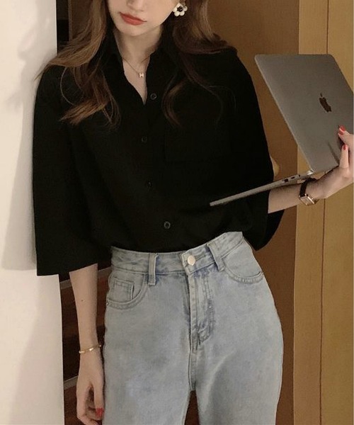LOPASS(ロパス)の「5分袖シャツ(シャツ/ブラウス・レディース・ブラック/アイボリー・M)」の7枚目の写真