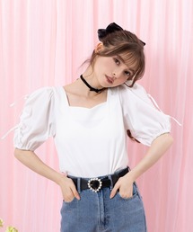 ダブルリボンオープンパフ袖カットソー
