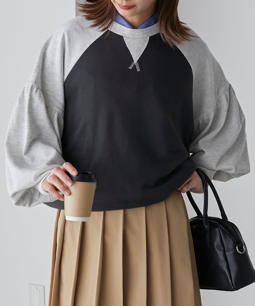 BONLECILL(ボンルシール)の「配色ラグラン ボリュームスリーブスウェットプルオーバー(スウェット・レディース・ブラウン/オフホワイト/チャコールグレー・FREE)」の1枚目の写真