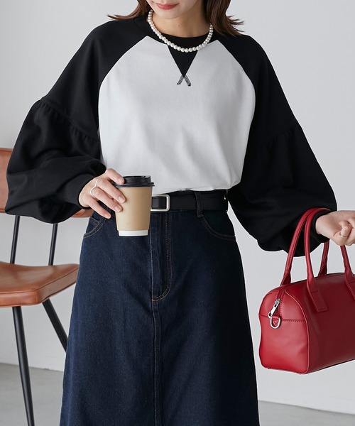 BONLECILL(ボンルシール)の「配色ラグラン ボリュームスリーブスウェットプルオーバー(スウェット・レディース・ブラウン/オフホワイト/チャコールグレー・FREE)」の10枚目の写真