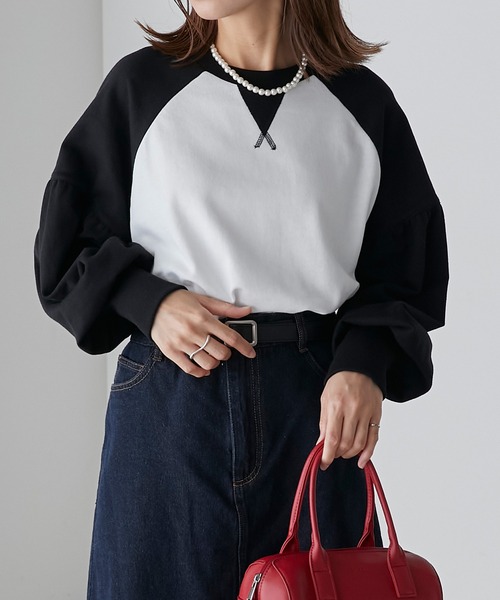 BONLECILL(ボンルシール)の「配色ラグラン ボリュームスリーブスウェットプルオーバー(スウェット・レディース・ブラウン/オフホワイト/チャコールグレー・FREE)」の11枚目の写真