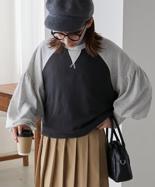 BONLECILL(ボンルシール)の「配色ラグラン ボリュームスリーブスウェットプルオーバー(スウェット・レディース・ブラウン/オフホワイト/チャコールグレー・FREE)」の15枚目の写真