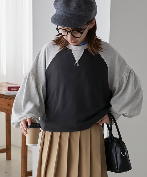 BONLECILL(ボンルシール)の「配色ラグラン ボリュームスリーブスウェットプルオーバー(スウェット・レディース・ブラウン/オフホワイト/チャコールグレー・FREE)」の18枚目の写真