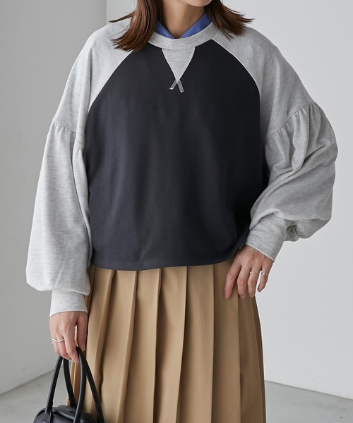 BONLECILL(ボンルシール)の「配色ラグラン ボリュームスリーブスウェットプルオーバー(スウェット・レディース・ブラウン/オフホワイト/チャコールグレー・FREE)」の12枚目の写真