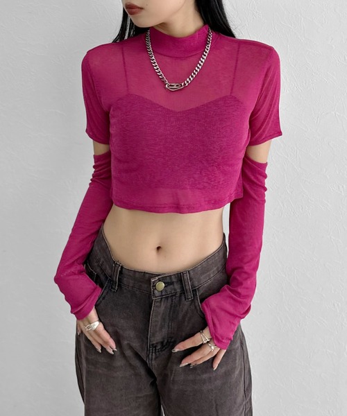 LVEU.（ラブユ.）の「【LVEU.】スリーブカットシアートップス / トップス シアー シースルー カット カットソー クロップド ショート丈 ブラック ピンク ブルー オリジナル ZOZOTOWN限定（Tシャツ/カットソー・レディース・ブルー/ブラック/ピンク・FREE）」の8枚目の写真