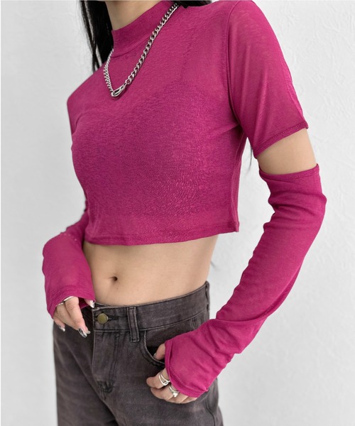 LVEU.（ラブユ.）の「【LVEU.】スリーブカットシアートップス / トップス シアー シースルー カット カットソー クロップド ショート丈 ブラック ピンク ブルー オリジナル ZOZOTOWN限定（Tシャツ/カットソー・レディース・ブルー/ブラック/ピンク・FREE）」の9枚目の写真