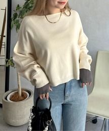 袖バイカラーボートネックニット