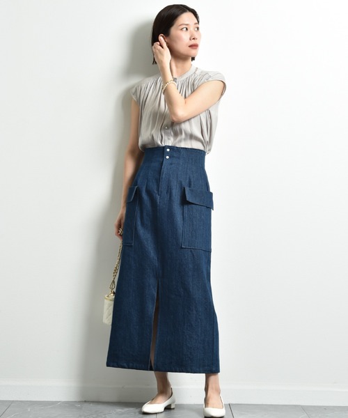 INTERPLANET（インタープラネット）の「デニムビッグポケットハイウエストスカート（デニムスカート・レディース・ブルー/インディゴブルー・FREE）」の13枚目の写真