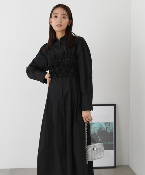 N.（N. Natural Beauty Basic）（エヌエヌナチュラルビューティーベーシック）の「◆ラッフルバンドゥ付きシャツワンピース（ワンピース・レディース・ブラック/ストライプ・MEDIUM）」の7枚目の写真