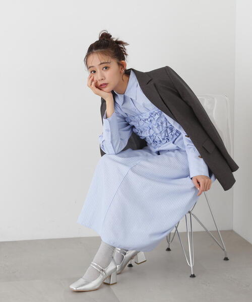 N.（N. Natural Beauty Basic）（エヌエヌナチュラルビューティーベーシック）の「◆ラッフルバンドゥ付きシャツワンピース（ワンピース・レディース・ブラック/ストライプ・MEDIUM）」の14枚目の写真