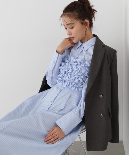 N.（N. Natural Beauty Basic）（エヌエヌナチュラルビューティーベーシック）の「◆ラッフルバンドゥ付きシャツワンピース（ワンピース・レディース・ブラック/ストライプ・MEDIUM）」の5枚目の写真