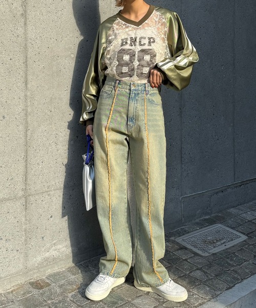 CIAOPANIC(チャオパニック)の「オーバーダイセンターラインフリンジストレートデニムパンツ(デニムパンツ・レディース・サックスブルー・MEDIUM/SMALL/X-SMALL)」の6枚目の写真