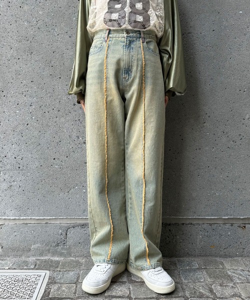 CIAOPANIC(チャオパニック)の「オーバーダイセンターラインフリンジストレートデニムパンツ(デニムパンツ・レディース・サックスブルー・MEDIUM/SMALL/X-SMALL)」の10枚目の写真