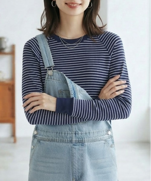 JEMORGAN(ジェーイーモーガン)の「【JEMORGAN / ジェーイーモーガン】ワッフルラグランボーダークルーロンT(パック入り)(Tシャツ/カットソー・レディース・ネイビー系1/ホワイト/グリーン/ワインレッド/杢グレー/ネイビー系2/グレー系1/ナチュラル・F)」の7枚目の写真