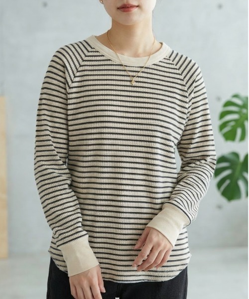 JEMORGAN(ジェーイーモーガン)の「【JEMORGAN / ジェーイーモーガン】ワッフルラグランボーダークルーロンT(パック入り)(Tシャツ/カットソー・レディース・ネイビー系1/ホワイト/グリーン/ワインレッド/杢グレー/ネイビー系2/グレー系1/ナチュラル・F)」の1枚目の写真