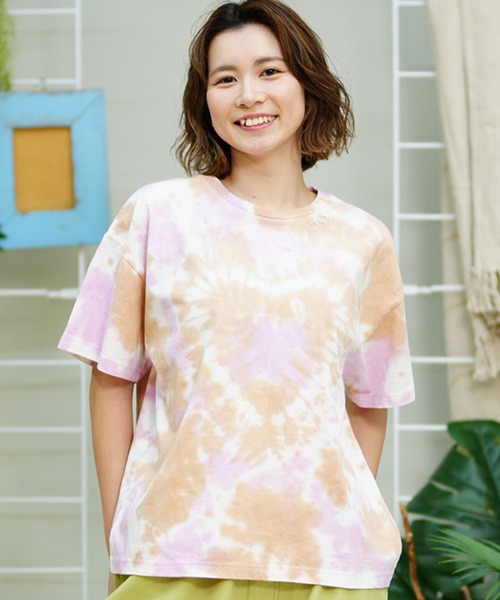 ROXY(ロキシー)の「ROXY/ロキシー 半袖Tシャツ タイダイ柄 ハート RST242614T(Tシャツ/カットソー・レディース・ピンク系その他/グリーン系その他/ブラック系その他・L/M)」の1枚目の写真