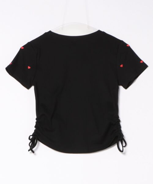 tシャツ サイドドロスド切替トップス レディース セール】サイドドロストリボン ハート柄トップス（Tシャツ