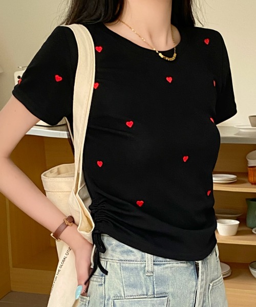 セール】サイドドロストリボン ハート柄トップス（Tシャツ