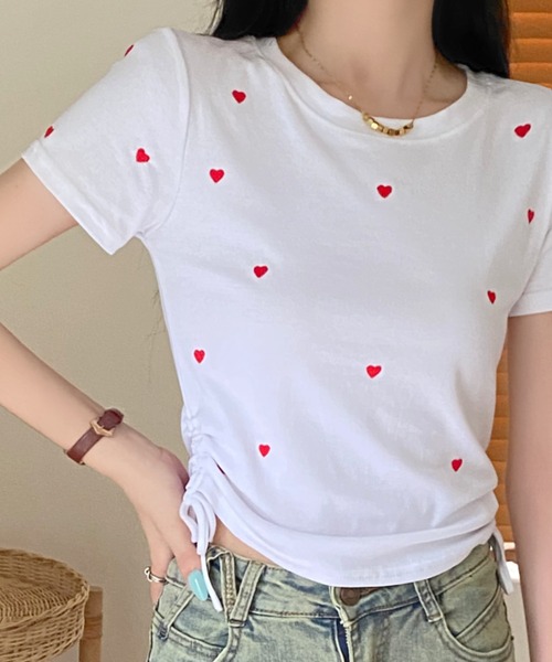 セール】サイドドロストリボン ハート柄トップス（Tシャツ