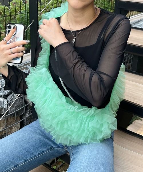 Futier land(フューティアランド)の「オーガンジーチュールフリルボディーバッグ(ボディバッグ/ウエストポーチ・レディース・ブラック/グレー/オフホワイト/グリーン・FREE)」の17枚目の写真